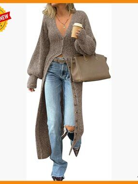 Chunky Knit V-Neck Maxi Cardigan Sweater Dress Button Down Duster Coat
